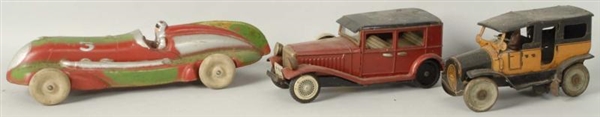 LOT OF 3: TIN & RUBBER TOY AUTOMOBILES.           