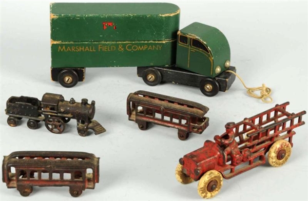 LOT OF 3: VINTAGE CAST IRON & WOODEN VEHICLES.    