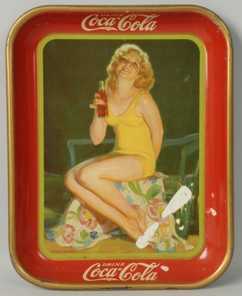 1932 COKE SERVING TRAY WITH GIRL IN YELLOW.       