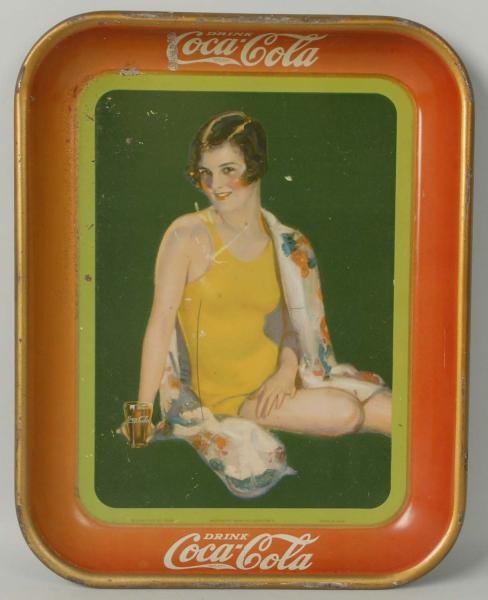 1929 COKE SERVING TRAY WITH GIRL IN YELLOW.       