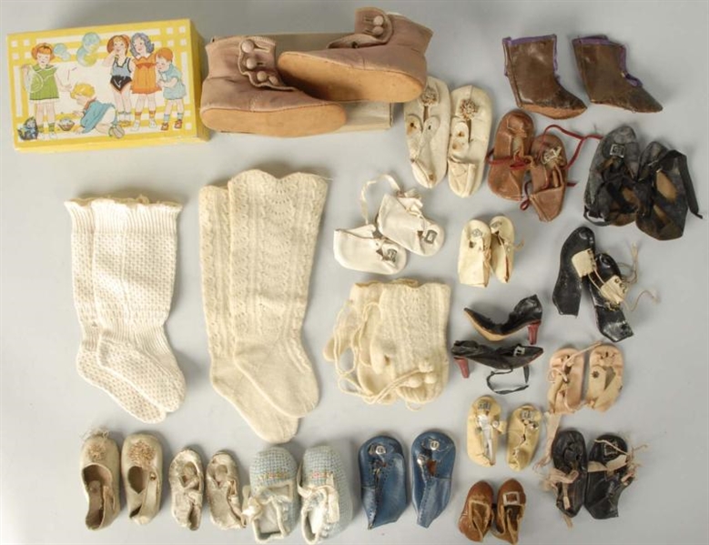 LOT OF 16: PAIRS OF DOLL SHOES & STOCKINGS.       