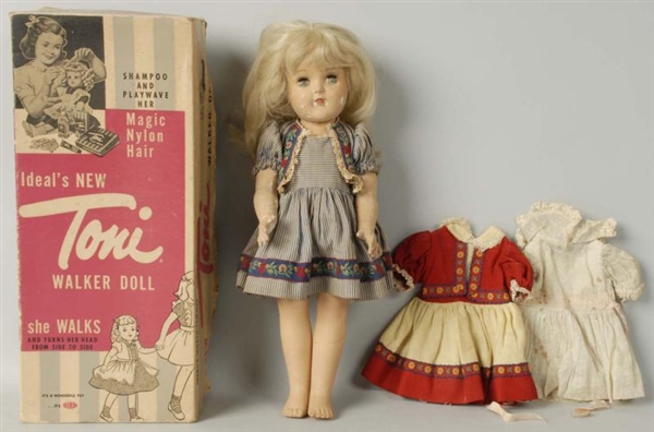 IDEAL TONI DOLL WITH BOX & DRESSES.               