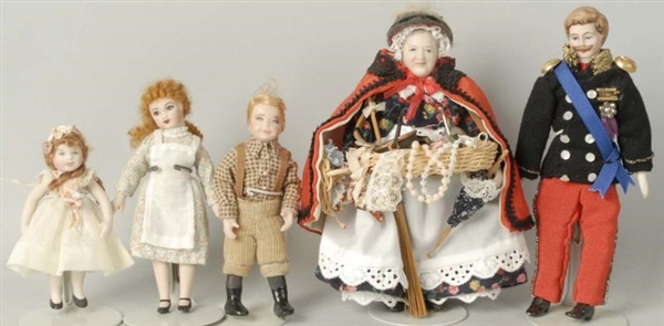 LOT OF 5: BISQUE DOLLHOUSE DOLLS.                 