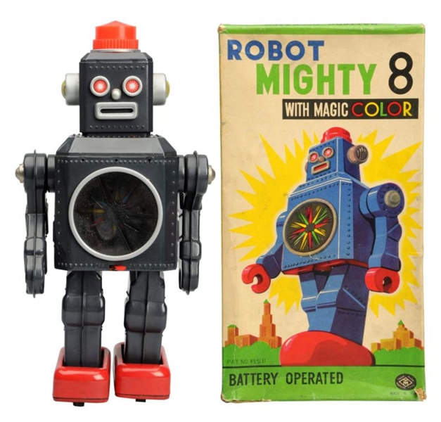 TIN LITHO & PAINTED BATTERY-OP ROBOT MIGHTY 8.    