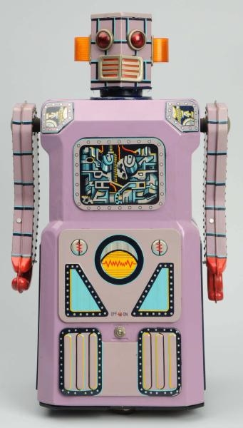 TIN LITHO LAVENDER BATTERY-OPERATED ROBOT.        