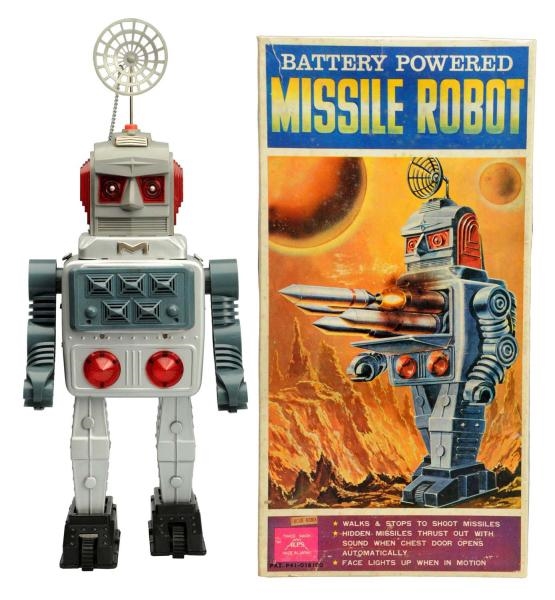 TIN PAINTED BATTERY-OPERATED MISSILE ROBOT.       