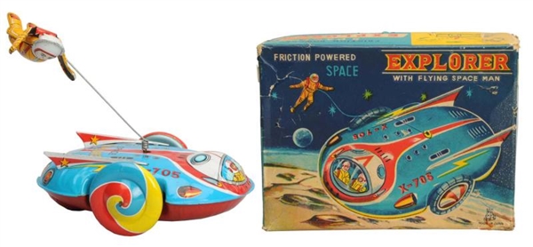 TIN SPACE EXPLORER WITH FLYING SPACEMAN X-705.    