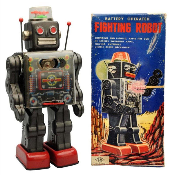 TIN LITHO PAINTED BATTERY-OPERATED FIGHTING ROBOT 