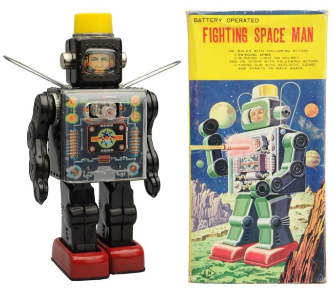 TIN LITHO & PAINTED BATTERY-OP FIGHTING SPACEMAN. 