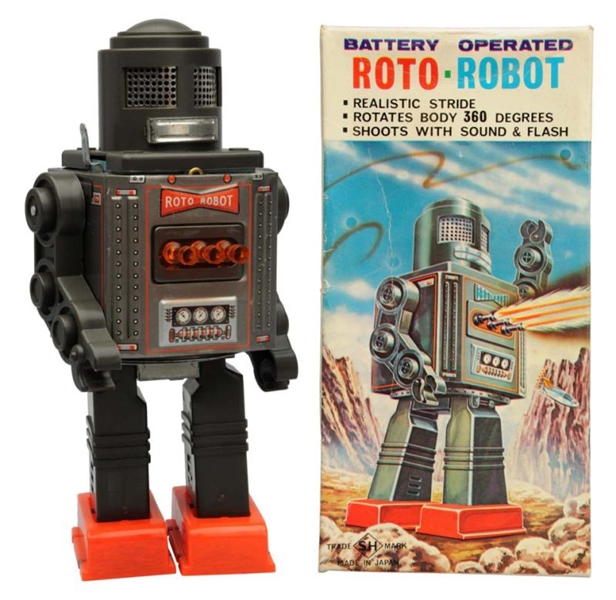 TIN LITHO & PLASTIC BATTERY-OPERATED ROTO-ROBOT.  