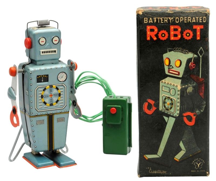 TIN LITHO BATTERY-OPERATED EASEL-BACK ROBOT.      