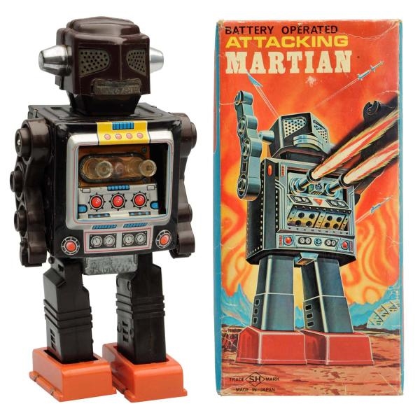 TIN LITHO BATTERY-OPERATED ATTACKING MARTIAN.     