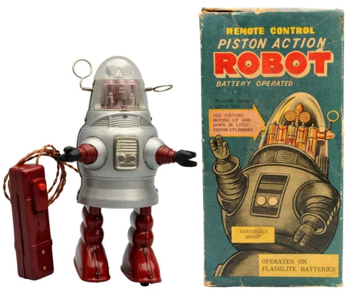TIN PAINTED BATTERY-OPERATED PISTON ACTION ROBOT. 