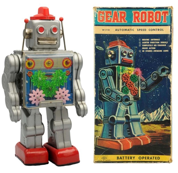 TIN LITHO BATTERY-OPERATED GEAR ROBOT.            
