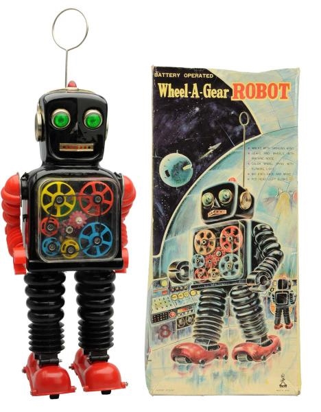 PAINTED TIN BATTERY-OPERATED WHEEL-A-GEAR ROBOT.  