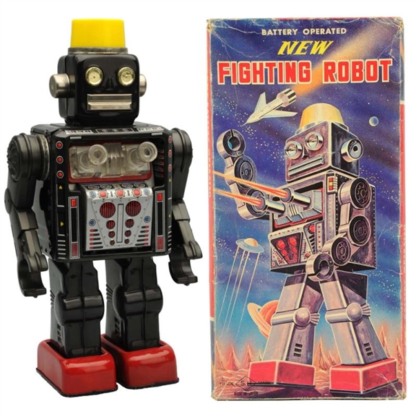 TIN LITHO BATTERY-OPERATED NEW FIGHTING ROBOT.    
