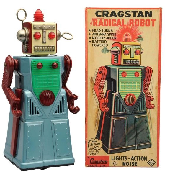 PAINTED TIN BATTERY-OPERATED RADICAL ROBOT.       