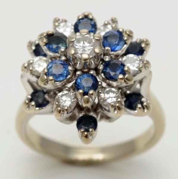 14K W. GOLD DIAMOND & BLUE SAPPHIRE CLUSTER RING. 