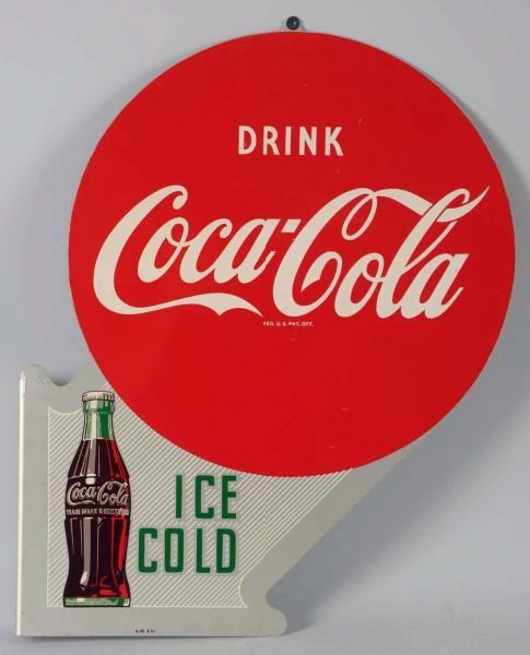 1951 COCA-COLA TIN CUTOUT ICE COLD FLANGE SIGN.   