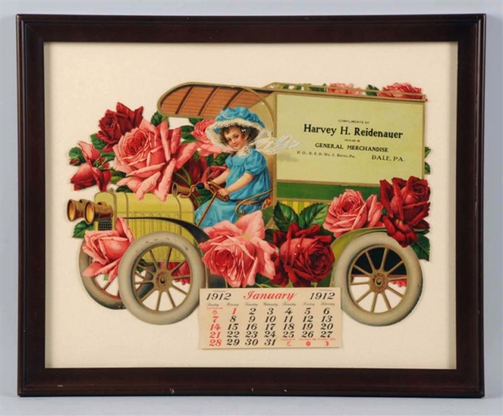 1912 LARGE EMBOSSED CUTOUT GIRL, ROSES, & TRUCK.  