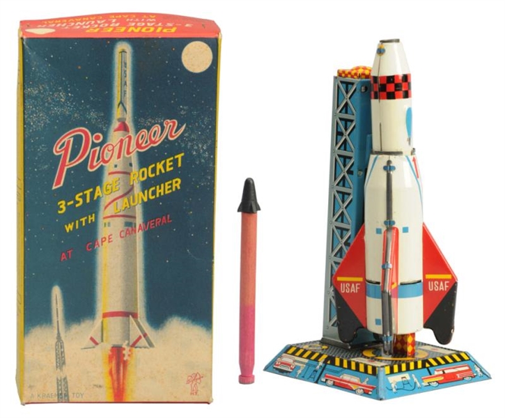 TIN LITHO FRICTION WIND PIONEER SPACE ROCKET.     