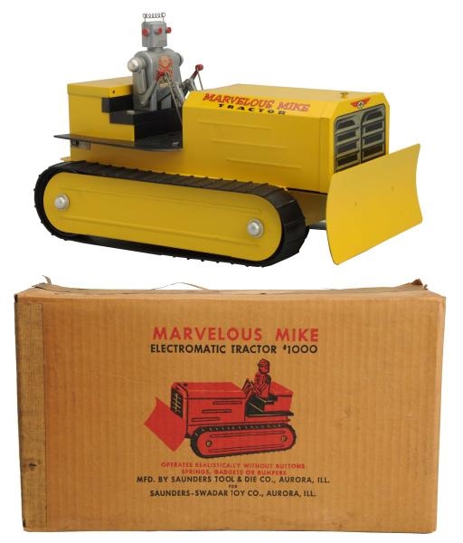 PAINTED TIN & PLASTIC MARVELOUS MIKE TRACTOR.     