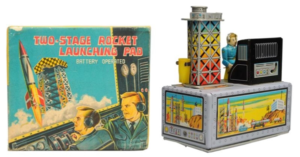 TIN LITHO BATTERY OP. 2STAGE ROCKET LAUNCH PAD.   
