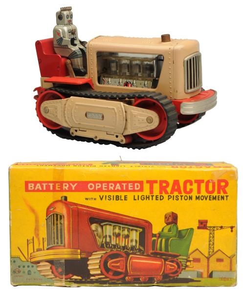 TIN PAINTED & LITHO BATTERY OP. PISTON TRACTOR.   
