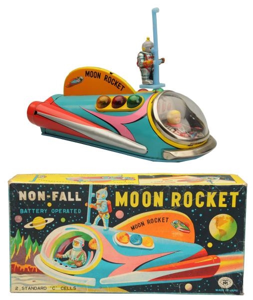 BATTERY OPERATED MOON ROCKET WITH BOX.            