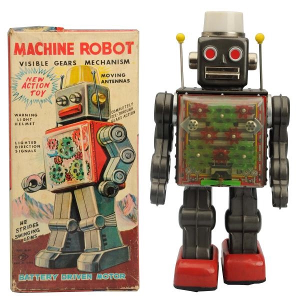 TIN LITHO & PAINTED BATTERY OP. MACHINE ROBOT.    