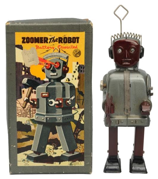 TIN PAINTED BATTERY OP. ZOOMER THE ROBOT.         