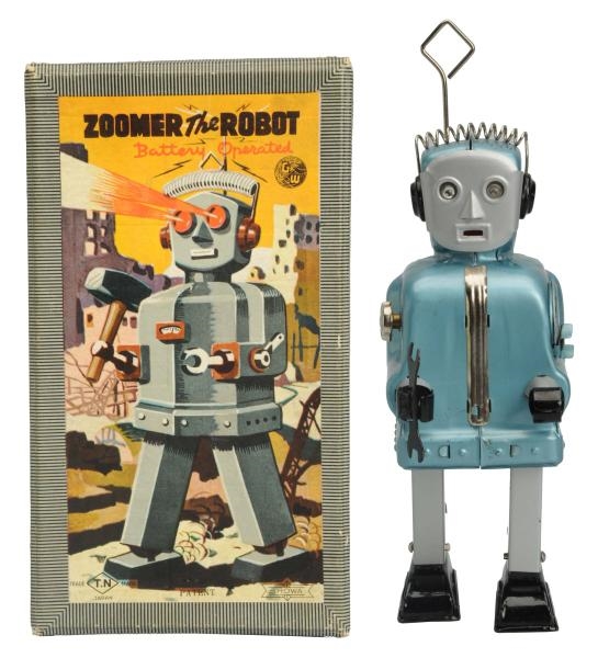 PAINTED TIN BATTERY OP. ZOOMER THE ROBOT.         