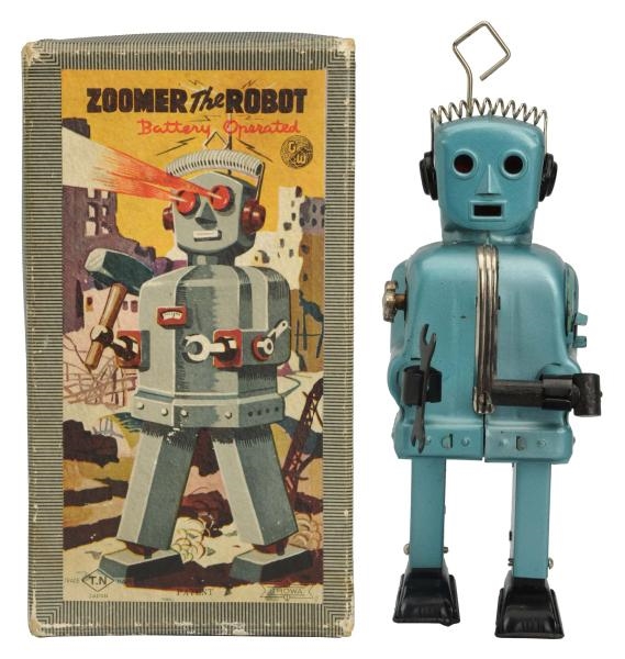 TIN PAINTED BATTERY OP. ZOOMER THE ROBOT.         