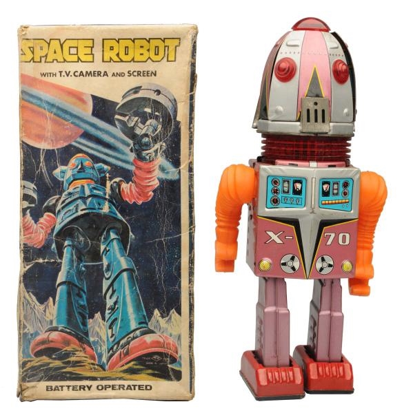 TIN LITHO & PLASTIC BATTERY OP. SPACE ROBOT X-70. 