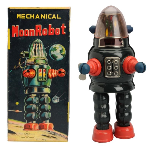 PAINTED TIN WIND-UP MECHANICAL MOON ROBOT.        