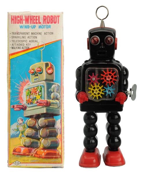 PAINTED TIN WIND-UP HIGH WHEEL ROBOT.             
