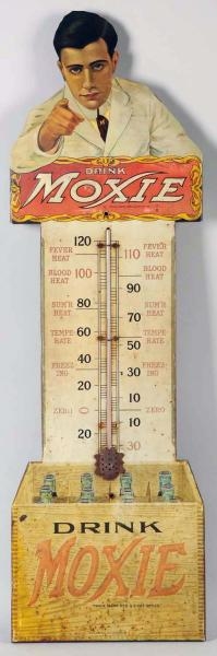1910-1915 EMBOSSED TIN CUTOUT MOXIE THERMOMETER.  