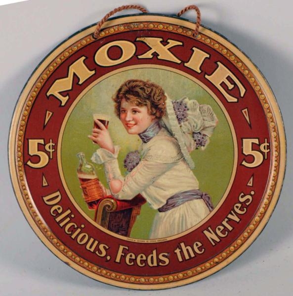 1905 SMALL MOXIE SELF-FRAMED TIN SIGN.            