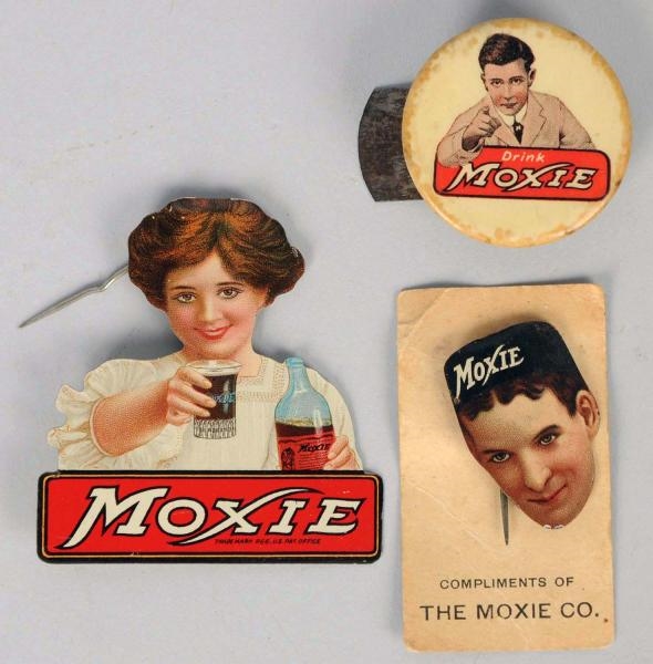 LOT OF 3: 1910-1925 SMALL TIN MOXIE PINS.         