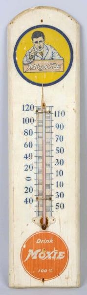 CIRCA 1930S MOXIE WOODEN THERMOMETER.             