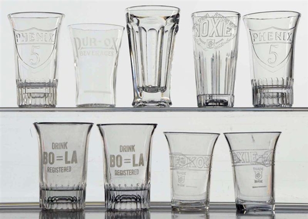 LOT OF 9: ASSORTED EARLY SODA GLASSES.            