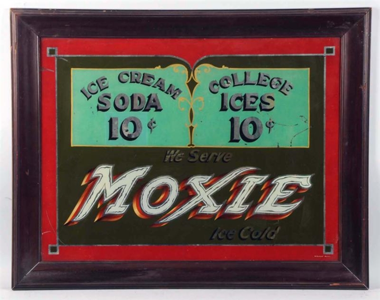 1910-20 RARE REVERSE ON GLASS MOXIE SIGN.         