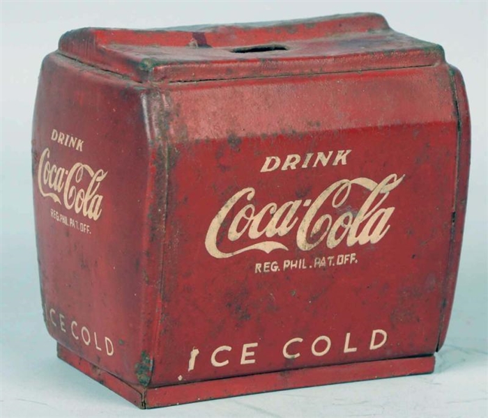 WILDLY SCARCE 1940S COCA-COLA COOLER TIN BANK.    