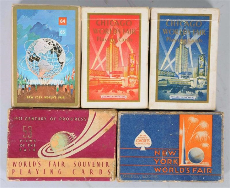 LOT OF 5: DECKS OF WORLDS FAIR PLAYING CARDS.    