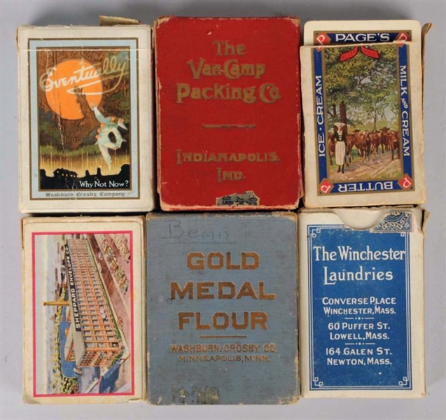 LOT OF 6: DECKS OF ADVERTISING PLAYING CARDS.     