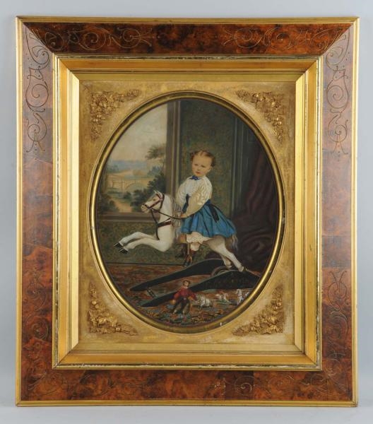 PORTRAIT OF YOUNG CHILD ON ROCKING HORSE.         