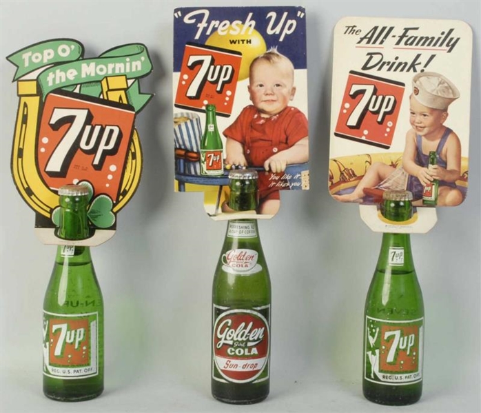 LOT OF 3: 7UP TOPPERS & BOTTLES.                  