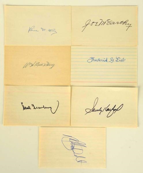 LOT OF 7: AUTOGRAPHED INDEX CARDS.                