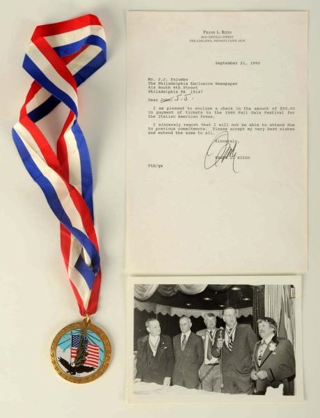 SIGNED FRANK RIZZO LETTER WITH PHOTO & MEDAL.     
