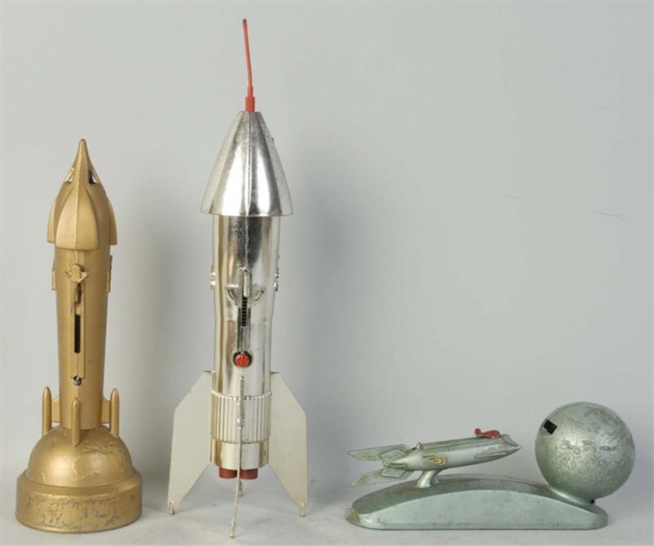 LOT OF 3: DIECAST SPACE ROCKET BANKS.             
